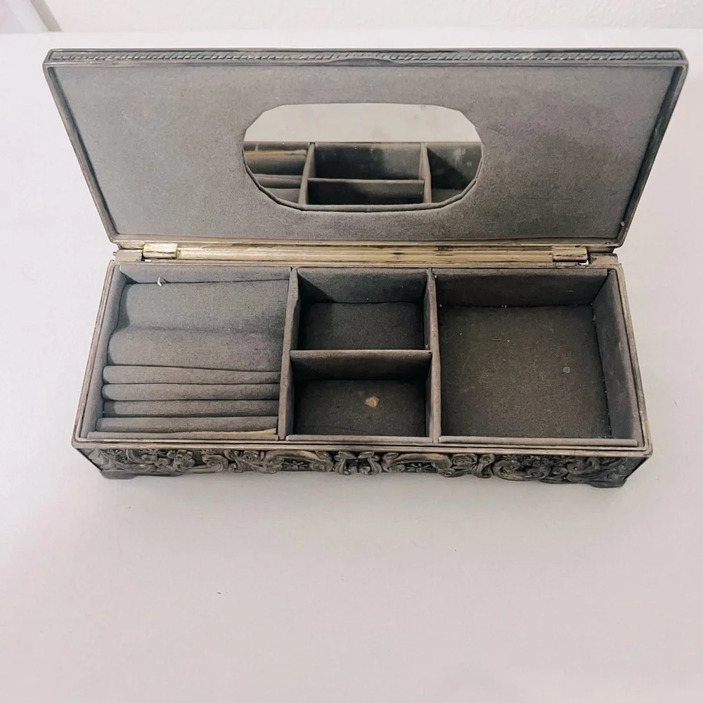 Vintage 1992 GODINGER SILVER Jewelry Trinket Box Heavy Floral Vine High Relief
